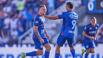 Carlos Rotondi celebrates his goal 1-0 with Angel Sepulveda of Cruz Azul during the 12th round match between Cruz Azul and Necaxa as part of the Torneo Clausura 2024 Liga BBVA MX at Ciudad de los Deportes Stadium on March 16, 2024 in Mexico City, Mexico.