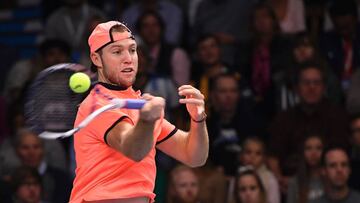 USA's Jack Sock returns the ball to Argentina's Juan Martin Del Potro during the final match of ATP Stockholm Open tennis tournament in Stockholm on October 23, 2016. / AFP PHOTO / JONATHAN NACKSTRAND