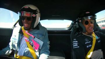 Hamilton pone al limite a Bolt en un auto: su cara lo dice todo