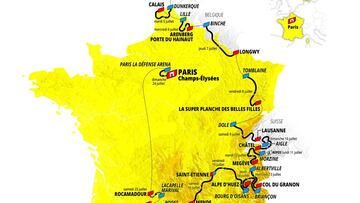 Plano con el recorrido del Tour de Francia 2022, con inicio en Dinamarca, una etapa sobre adoquines y las llegadas en alto a La Planche Belles Filles, Granon, Alpe d'Huez, Peyragudes y Hautacam.