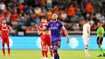 Aug 9, 2024; Houston, Texas, USA; Houston Dynamo FC midfielder Hector Herrera (16) reacts during the second half against the Toluca FC in a MLS Leagues Cup match at Shell Enegry Stadium. Mandatory Credit: Maria Lysaker-USA TODAY Sports