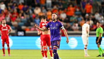 Aug 9, 2024; Houston, Texas, USA; Houston Dynamo FC midfielder Hector Herrera (16) reacts during the second half against the Toluca FC in a MLS Leagues Cup match at Shell Enegry Stadium. Mandatory Credit: Maria Lysaker-USA TODAY Sports