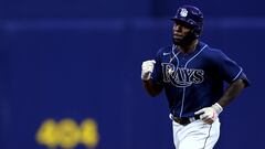 ST PETERSBURG, FLORIDA - APRIL 12: Randy Arozarena #56 of the Tampa Bay Rays celebrates after hitting a three run home run in the first inning during a game against the Boston Red Sox at Tropicana Field on April 12, 2023 in St Petersburg, Florida.   Mike Ehrmann/Getty Images/AFP (Photo by Mike Ehrmann / GETTY IMAGES NORTH AMERICA / Getty Images via AFP)