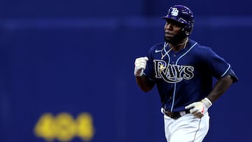 ST PETERSBURG, FLORIDA - APRIL 12: Randy Arozarena #56 of the Tampa Bay Rays celebrates after hitting a three run home run in the first inning during a game against the Boston Red Sox at Tropicana Field on April 12, 2023 in St Petersburg, Florida.   Mike Ehrmann/Getty Images/AFP (Photo by Mike Ehrmann / GETTY IMAGES NORTH AMERICA / Getty Images via AFP)