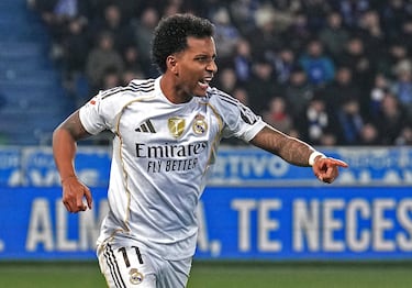 Rodrygo celebra su gol al Alavés en LaLiga EA Sports.