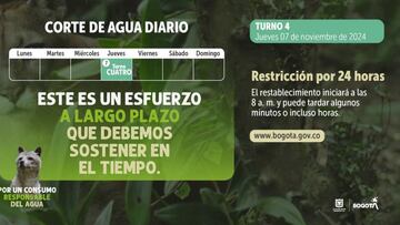 Este jueves 7 de noviembre el racionamiento de agua en Bogotá será para el turno 4.