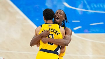 Jun 5, 2025; Oklahoma City, Oklahoma, USA; Indiana Pacers forward Aaron Nesmith (23) and guard Tyrese Haliburton (0) celebrate after a play against the Oklahoma City Thunder during the fourth quarter in game one of the 2025 NBA Finals at Paycom Center. Mandatory Credit: Kyle Terada-Imagn Images