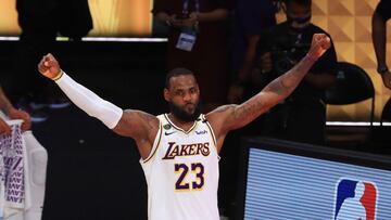 LAKE BUENA VISTA, FLORIDA - OCTOBER 11: LeBron James #23 of the Los Angeles Lakers reacts after winning the 2020 NBA Championship over the Miami Heat in Game Six of the 2020 NBA Finals at AdventHealth Arena at the ESPN Wide World Of Sports Complex on October 11, 2020 in Lake Buena Vista, Florida. NOTE TO USER: User expressly acknowledges and agrees that, by downloading and or using this photograph, User is consenting to the terms and conditions of the Getty Images License Agreement.  (Photo by Mike Ehrmann/Getty Images)