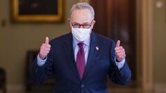 WASHINGTON, DC - MARCH 06: U.S. Senate Majority Leader Sen. Chuck Schumer (D-NY) gives a thumbs up after leaving the senate chamber at the US Captiol on March 06, 2021 in Washington, DC. The Senate passed the latest COVID-19 relief bill by 50 to 49 on a p