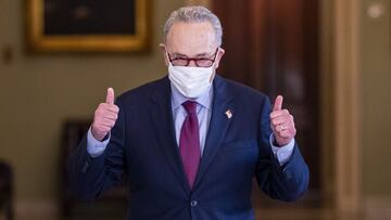 WASHINGTON, DC - MARCH 06: U.S. Senate Majority Leader Sen. Chuck Schumer (D-NY) gives a thumbs up after leaving the senate chamber at the US Captiol on March 06, 2021 in Washington, DC. The Senate passed the latest COVID-19 relief bill by 50 to 49 on a p