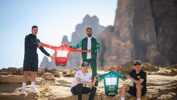Groenewegen, Pidcock, Al-Sheikh y Kristoff en la presentación del AlUla Tour.