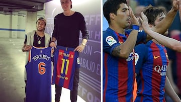 Porzingis cambi¨® la camiseta con Neymar en el Camp Nou