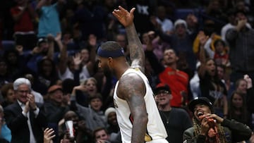 NEW ORLEANS, LA - OCTOBER 28: DeMarcus Cousins #0 of the New Orleans Pelicans reacts during the game against the Cleveland Cavaliers at the Smoothie King Center on October 28, 2017 in New Orleans, Louisiana. NOTE TO USER: User expressly acknowledges and agrees that, by downloading and or using this photograph, User is consenting to the terms and conditions of the Getty Images License Agreement.   Chris Graythen/Getty Images/AFP
 == FOR NEWSPAPERS, INTERNET, TELCOS & TELEVISION USE ONLY ==