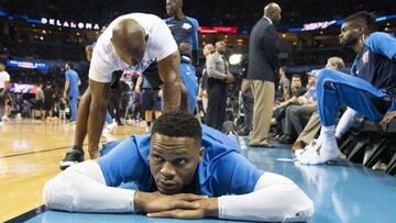 OKLAHOMA CITY, OK - OCTOBER 21: Russell Westbrook #0 of the Oklahoma City Thunder prepares for the first half of a NBA game against the Sacramento Kings at the Chesapeake Energy Arena on October 21, 2018 in Oklahoma City, Oklahoma. NOTE TO USER: User expressly acknowledges and agrees that, by downloading and or using this photograph, User is consenting to the terms and conditions of the Getty Images License Agreement.   J Pat Carter/Getty Images/AFP
 == FOR NEWSPAPERS, INTERNET, TELCOS &amp; TELEVISION USE ONLY ==