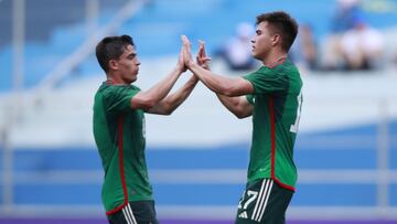 Ettson Ayón celebra su gol durante el partido México vs Honduras, correspondiente a Semifinales del Futbol Masculino en los Juegos Centroamericanos y del Caribe San Salvador 2023, en el Estadio Nacional Las Delicias, el 02 de Julio de 2023.