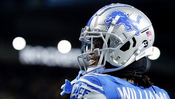 DETROIT, MICHIGAN - NOVEMBER 19: Jameson Williams #9 of the Detroit Lions reacts after a fourth quarter touchdown against the Chicago Bears at Ford Field on November 19, 2023 in Detroit, Michigan.   Mike Mulholland/Getty Images/AFP (Photo by Mike Mulholland / GETTY IMAGES NORTH AMERICA / Getty Images via AFP)