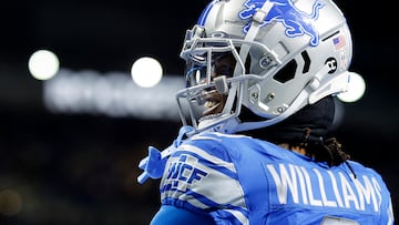 DETROIT, MICHIGAN - NOVEMBER 19: Jameson Williams #9 of the Detroit Lions reacts after a fourth quarter touchdown against the Chicago Bears at Ford Field on November 19, 2023 in Detroit, Michigan.   Mike Mulholland/Getty Images/AFP (Photo by Mike Mulholland / GETTY IMAGES NORTH AMERICA / Getty Images via AFP)