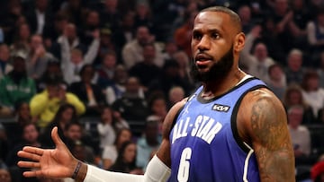 SALT LAKE CITY, UTAH - FEBRUARY 19: LeBron James #6 of the Los Angeles Lakers reacts during the first quarter o the 2023 NBA All Star Game between Team Giannis and Team LeBron at Vivint Arena on February 19, 2023 in Salt Lake City, Utah. NOTE TO USER: User expressly acknowledges and agrees that, by downloading and or using this photograph, User is consenting to the terms and conditions of the Getty Images License Agreement.   Tim Nwachukwu/Getty Images/AFP (Photo by Tim Nwachukwu / GETTY IMAGES NORTH AMERICA / Getty Images via AFP)