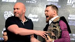 NEW YORK, NY - SEPTEMBER 20: Conor McGregor is held back by UFC President Dana White during the UFC 229 Press Conference at Radio City Music Hall on September 20, 2018 in New York City.  (Photo by Steven Ryan/Getty Images)