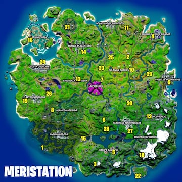 Mapa con las ubicaciones de los personajes de la Temporada 8 de Fortnite Cap&iacute;tulo 2