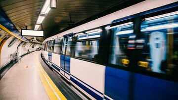 An underground train in motion in Madrid, Spain.