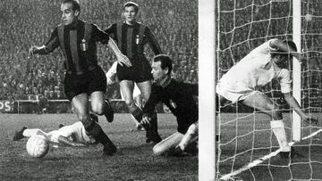 Su&aacute;rez rescata un bal&oacute;n del &aacute;rea chica, en presencia de Facchetti, Sarti y Pirri, en el Bernab&eacute;u.