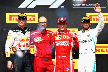 El vencedor de la carrera en el circuito de Las Américas Kimi Raikkonen, con Max Verstappen y Lewis Hamilton.