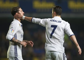 Cristiano Ronaldo (R) of Real Madrid celebrates with Sergio Ramos