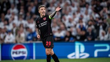Bayer Leverkusen's Spanish defender #20 Alejandro Grimaldo gestures during the UEFA Champions League league phase day 1 football match between FC Copenhagen and Bayer Leverkusen in Copenhagen, Denmark, on September 18, 2025. (Photo by Sebastian Elias Uth / Ritzau Scanpix / AFP) / Denmark OUT