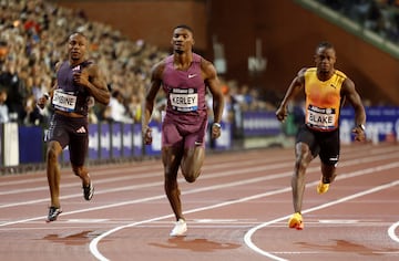 Jamaica's Ackeem Blake wins the men's 100m final ahead of third placed Fred Kerley.