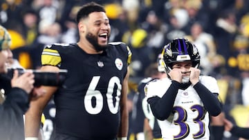 Jan 4, 2026; Pittsburgh, Pennsylvania, USA; Baltimore Ravens place kicker Tyler Loop (33) reacts after missing the game winning field goal against the Pittsburgh Steelers during the second half at Acrisure Stadium. Mandatory Credit: Charles LeClaire-Imagn Images