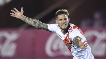 LANUS, ARGENTINA - JULY 28: Bruno Zuculini of River Plate celebrates after scoring the first goal of his team during a match between Lanus and River Plate as part of Torneo Liga Profesional 2021 at Estadio Ciudad de Lanus (La Fortaleza) on July 28, 2021 i