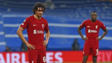 MADRID, SPAIN - MARCH 15: (THE SUN OUT, THE SUN ON SUNDAY OUT) Trent Alexander-Arnold of Liverpool at the end of the UEFA Champions League round of 16 leg two match between Real Madrid and Liverpool FC at Estadio Santiago Bernabeu on March 15, 2023 in Madrid, Spain. (Photo by John Powell/Liverpool FC via Getty Images)