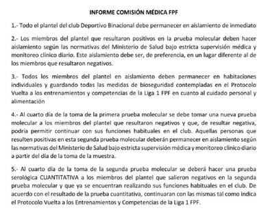 Se pide aislamiento para todo el plantel de Binacional