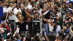 Jul 20, 2021; Milwaukee, Wisconsin, USA; Milwaukee Bucks forward Giannis Antetokounmpo (34) celebrates with the NBA Finals MVP Trophy following the game against the Phoenix Suns following game six of the 2021 NBA Finals at Fiserv Forum. Mandatory Credit: Jeff Hanisch-USA TODAY Sports