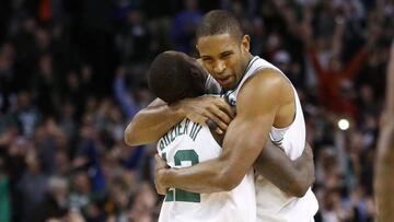Dec 28, 2017; Boston, MA, USA; Boston Celtics forward Al Horford (42) and guard Terry Rozier (12) celebrate after defeating the Houston Rockets at TD Garden. Mandatory Credit: Greg M. Cooper-USA TODAY Sports