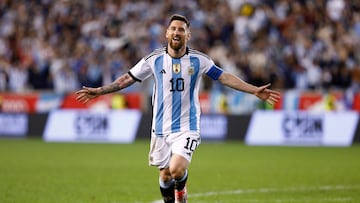 (FILES) In this file photo taken on September 27, 2022 Argentina's Lionel Messi celebrates his goal during the international friendly football match between Argentina and Jamaica at Red Bull Arena in Harrison, New Jersey. (Photo by Andres Kudacki / AFP)