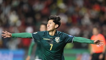 AMDEP3169. EL ALTO (BOLIVIA), 09/09/2025.- Miguel Terceros de Bolivia celebra un gol este martes, en un partido por las eliminatorias a la Copa Mundial 2026 entre Bolivia y Brasil en el Estadio Municipal de El Alto (Bolivia). EFE/ Luis Gandarillas