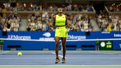 Sep 7, 2023; Flushing, NY, USA; Coco Gauff of the United States celebrates after match point against Karolina Muchova of Czech Republic (not pictured) in a women's singles semifinal on day eleven of the 2023 U.S. Open tennis tournament at USTA Billie Jean King National Tennis Center. Mandatory Credit: Geoff Burke-USA TODAY Sports