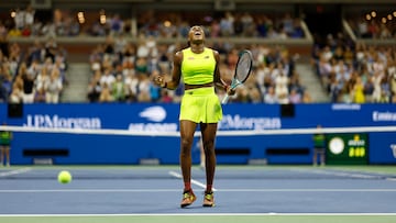 Sep 7, 2023; Flushing, NY, USA; Coco Gauff of the United States celebrates after match point against Karolina Muchova of Czech Republic (not pictured) in a women's singles semifinal on day eleven of the 2023 U.S. Open tennis tournament at USTA Billie Jean King National Tennis Center. Mandatory Credit: Geoff Burke-USA TODAY Sports