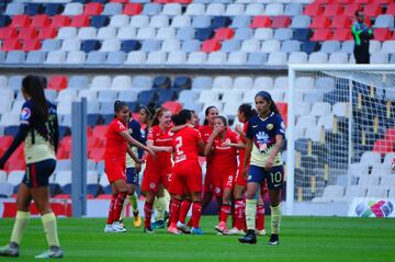 Foto de accion durante el partido America vs Toluca correspondiente a la Jornada 1 de la Liga MX Femenil Torneo Clausura 2018 en el Estadio Azteca, en la foto: Jugadoras del Toluca.