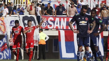 Futbol, Union La Calera vs Universidad de Chile.
 Decima fecha, campeonato nacional 2018.
 El jugador de Union La Calera Brian Fernndez,  celebra su gol contra  Universidad de Chiledurante el partido de primera division en el estadio Lucio Faria de Quil