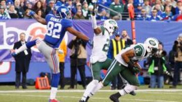 Rontez Miles intercepta a Eli Manning en el &uacute;ltimo cuarto del partido entre Jets y Giants.