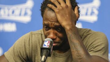 May 7, 2017; Houston, TX, USA; Houston Rockets guard Patrick Beverley (2) talks to the media about the loss of a family member after game four of the second round of the 2017 NBA Playoffs against the San Antonio Spurs at Toyota Center. Mandatory Credit: Troy Taormina-USA TODAY Sports