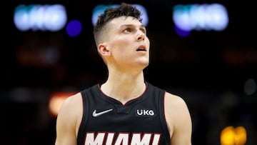 MIAMI, FLORIDA - FEBRUARY 26: Tyler Herro #14 of the Miami Heat looks on during the third quarter against the San Antonio Spurs at FTX Arena on February 26, 2022 in Miami, Florida. NOTE TO : expressly acknowledges and agrees that, by ing