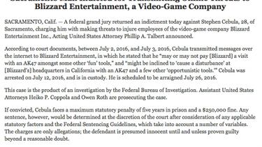 Condenado cinco años por enviar amenazas de muerte a Blizzard