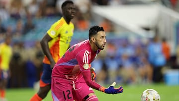 Colombia's goalkeeper #12 Camilo Vargas passes the ball during the Conmebol 2024 Copa America tournament final football match between Argentina and Colombia at the Hard Rock Stadium, in Miami, Florida on July 14, 2024. (Photo by CHARLY TRIBALLEAU / AFP)