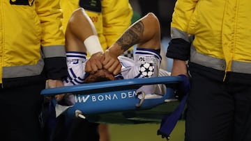 FC Copenhagen's Mexican defender #13 Rodrigo Huescas is carried off the field on a stretcher after suffering an injury during the UEFA Champions League first round day 2 football match between Qarabag FC and FC Copenhagen at the Tofiq Bahramov Republican Stadium in Baku on October 1, 2025. (Photo by Giorgi ARJEVANIDZE / AFP)