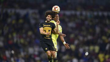 (L-R), Cesar Huerta of Pumas and Pedro Aquino of America during the game America vs Pumas UNAM, corresponding to Round 16 of the Torneo Clausura 2023 of the Liga BBVA MX, at Azteca Stadium, on April 22, 2023.

<br><br>

(I-D), Cesar Huerta de Pumas y Pedro Aquino de America durante el partido America vs Pumas UNAM, Correspondiente a la Jornada 16 del Torneo Clausura 2023 de la Liga BBVA MX, en el Estadio Azteca, el 22 de Abril de 2023.