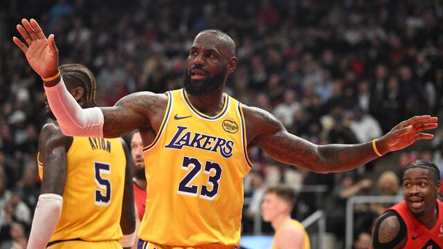 Dec 4, 2025; Toronto, Ontario, CAN; Los Angeles Lakers forward LeBron James (23) reacts after losing the ball against the Toronto Raptors in the first half at Scotiabank Arena. Mandatory Credit: Dan Hamilton-Imagn Images
